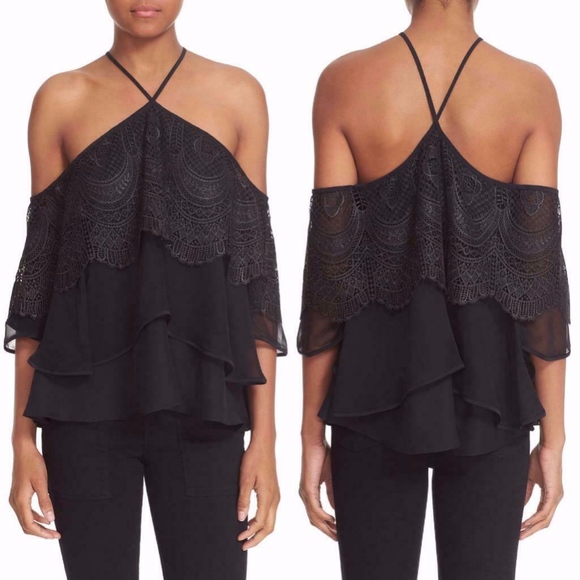 Cinq à Sept BLACK Lace COLD SHOULDER Silk BLOUSE S